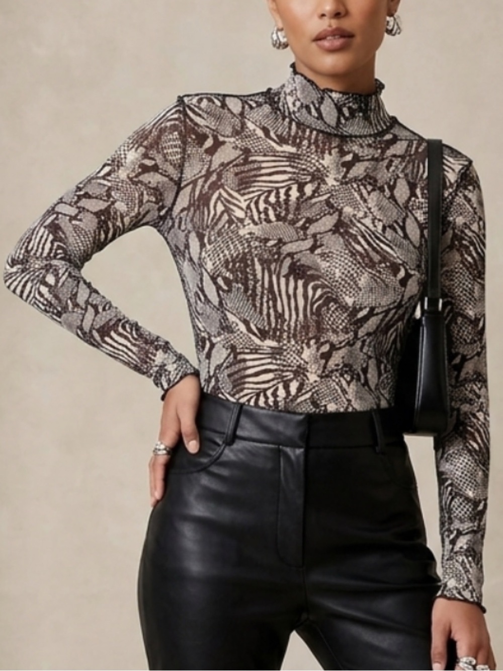 Tahari soft stretchy Mixed Animal Print Long Sleeve Mesh Mock Neck Top S